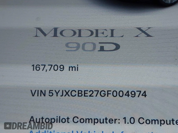 2016 Tesla Model X 70D with VIN 5YJXCBE27GF004974, listed as a IAAI auction lot 41630556 with 167,709 mi miles. Bid and sale history available at carsss.com. Image 16.