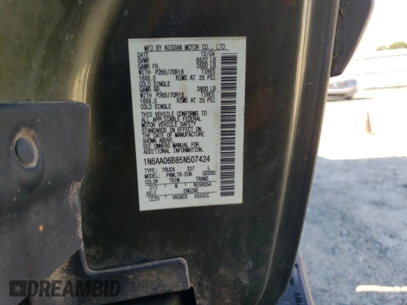 2005 Nissan Titan SE z VIN 1N6AA06B85N507424, wystawiony jako Copart lot #64841425 z przebiegiem 208 542 mil mil oraz Czysty tytuł • Clean title. Historia ofert i sprzedaży dostępna na DreamBid. Obrazek 12.
