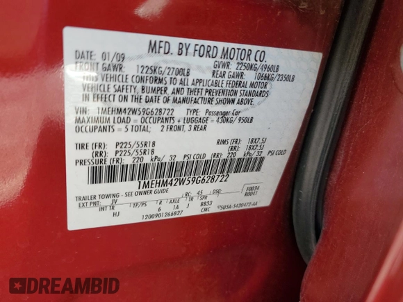 2009 Mercury Sable Premier with VIN 1MEHM42W59G628722, listed as a Copart auction lot 79642074 with 80,369 mi miles and Salvage Title. Bid and sale history available at carsss.com. Image 14.