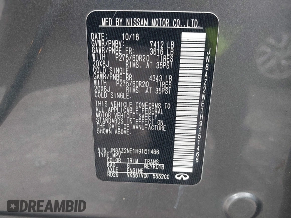 2017 Infiniti QX80 with VIN JN8AZ2NE1H9151466, listed as a IAAI auction lot 41813407 with 82,428 mi miles. Bid and sale history available at carsss.com. Image 9.