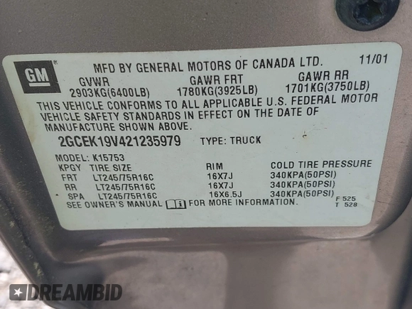 2002 Chevrolet Silverado 1500 LS with VIN 2GCEK19V421235979, listed as a IAAI auction lot 42165006 with 126,361 mi miles. Bid and sale history available at carsss.com. Image 9.