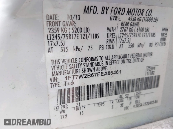 2014 Ford F-250 XL с VIN 1FT7W2B67EEA86461, выставлен на аукционе IAAI как лот 42214980 с пробегом 321 519 миль миль и . История ставок и продаж доступна на DreamBid. Изображение 9.