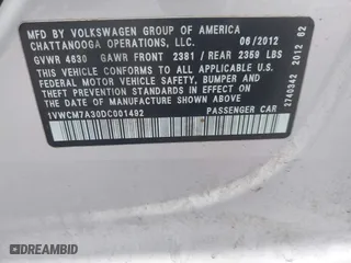 2013 Volkswagen Passat SEL Premium with VIN 1VWCM7A30DC001492, listed as a IAAI auction lot 41981749 with 1 mi miles. Bid and sale history available at carsss.com. Image 9.