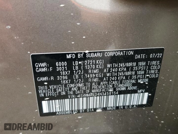 2022 Subaru Ascent Premium with VIN 4S4WMAED4N3450154, listed as a Copart auction lot 54511405 with 58,263 mi miles and Salvage title. Bid and sale history available at DreamBid. Image 14.