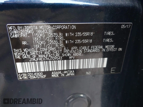 2017 Toyota RAV4 SE z VIN JTMJFREV7HJ709543, wystawiony jako IAAI lot #41355727 z przebiegiem 54 585 mil mil oraz . Historia ofert i sprzedaży dostępna na DreamBid. Obrazek 9.