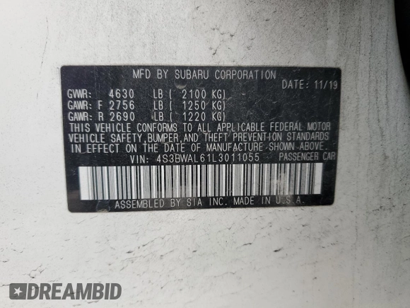 2020 Subaru Legacy Limited with VIN 4S3BWAL61L3011055, listed as a Copart auction lot 46270945 with 68,178 mi miles and Salvage Title. Bid and sale history available at DreamBid. Image 15.