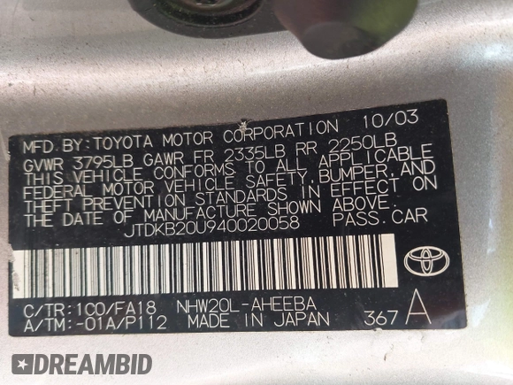 2004 Toyota Prius with VIN JTDKB20U940020058, listed as a IAAI auction lot 42142257 with 141,705 mi miles. Bid and sale history available at carsss.com. Image 9.