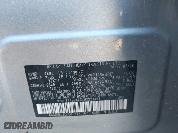 2017 Subaru Outback Premium with VIN 4S4BSACC4H3221895, listed as a IAAI auction lot 42575904 with 78,679 mi miles and . Bid and sale history available at DreamBid. Image 9.