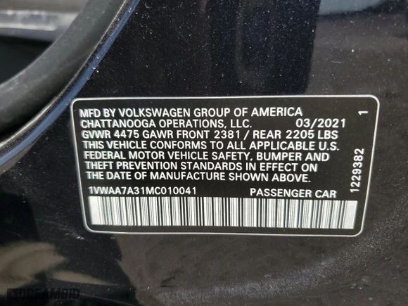 2021 Volkswagen Passat 2.0T S with VIN 1VWAA7A31MC010041, listed as a Copart auction lot 45664375 with 0 mi miles and Non Repairable. Bid and sale history available at carsss.com. Image 13.