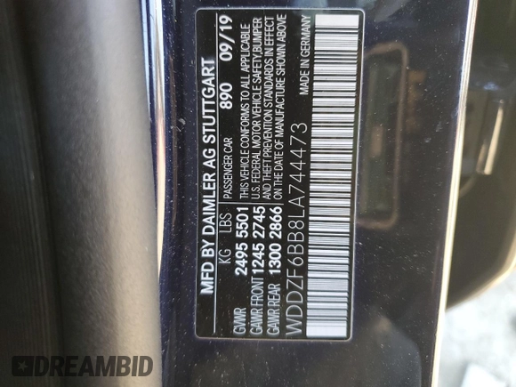 2020 Mercedes-Benz E AMG E 53 with VIN WDDZF6BB8LA744473, listed as a Copart auction lot 86145534 with 75,444 mi miles and Salvage Title. Bid and sale history available at carsss.com. Image 14.