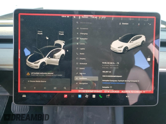 2021 Tesla Model 3 Long Range with VIN 5YJ3E1EB0MF059457, listed as a Copart auction lot 46277945 with 102,367 mi miles and Salvage Title. Bid and sale history available at carsss.com. Image 9.