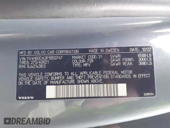 2023 Volvo XC90 Ultimate Bright Theme with VIN YV4H60CA3P1950747, listed as a IAAI auction lot 41677410 with 27,723 mi miles and . Bid and sale history available at DreamBid. Image 9.