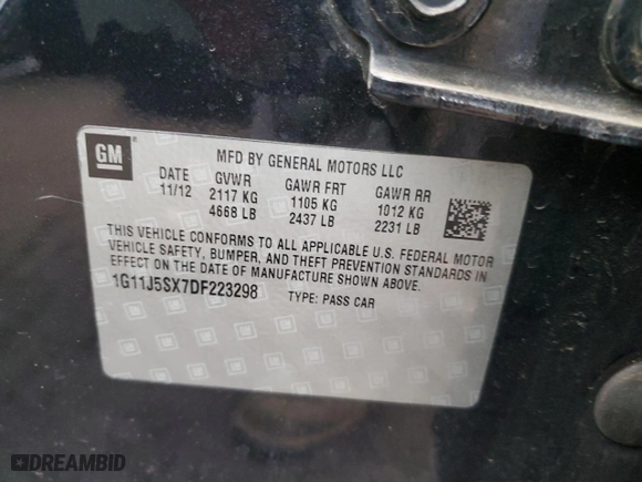 2013 Chevrolet Malibu LTZ with VIN 1G11J5SX7DF223298, listed as a Copart auction lot 46810435 with 126,125 mi miles and Salvage Title. Bid and sale history available at carsss.com. Image 12.