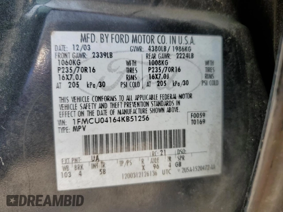 2004 Ford Escape Limited with VIN 1FMCU04164KB51256, listed as a Copart auction lot 58969565 with 137,360 mi miles and Salvage title. Bid and sale history available at DreamBid. Image 13.