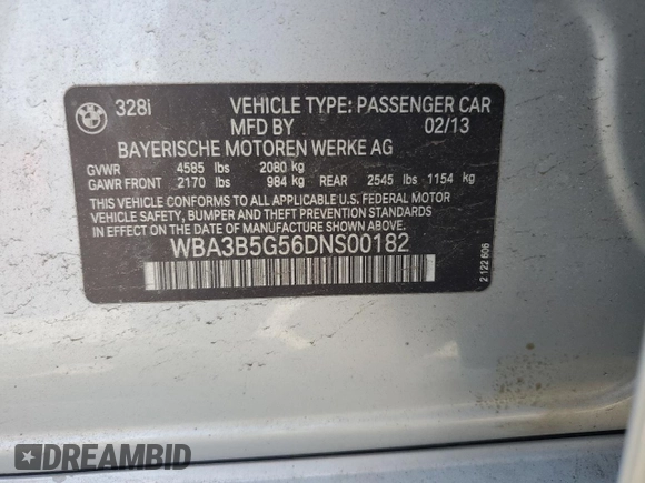2013 BMW 3 Series 328i xDrive with VIN WBA3B5G56DNS00182, listed as a Copart auction lot 61920285 with Not provided miles and Salvage title. Bid and sale history available at DreamBid. Image 13.