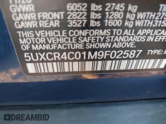 2021 BMW X5 sDrive40i with VIN 5UXCR4C01M9F02587, listed as a IAAI auction lot 41111144 with 23,844 mi miles. Bid and sale history available at carsss.com. Image 9.