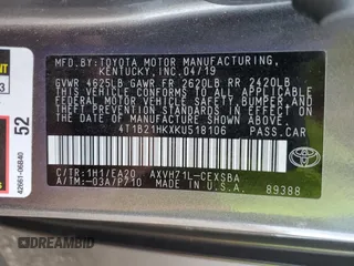 2019 Toyota Camry Hybrid LE z VIN 4T1B21HKXKU518106, wystawiony jako Copart lot #77074883 z przebiegiem 147 442 mil mil oraz Szkoda całkowita • Salvage title. Historia ofert i sprzedaży dostępna na DreamBid. Obrazek 12.