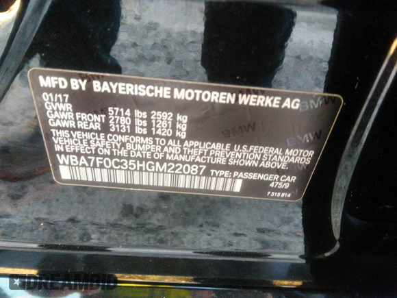 2017 BMW 7 Series 750i with VIN WBA7F0C35HGM22087, listed as a IAAI auction lot 40872348 with 49,734 mi miles. Bid and sale history available at carsss.com. Image 9.