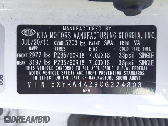 2012 Kia Sorento SX with VIN 5XYKW4A29CG224803, listed as a IAAI auction lot 41493527 with 228,065 mi miles. Bid and sale history available at carsss.com. Image 9.