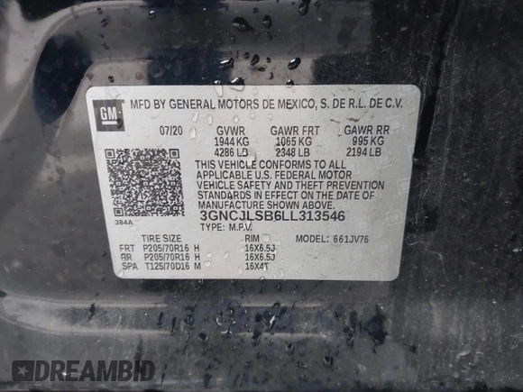 2020 Chevrolet Trax LT with VIN 3GNCJLSB6LL313546, listed as a IAAI auction lot 42063548 with 69,135 mi miles and . Bid and sale history available at DreamBid. Image 9.