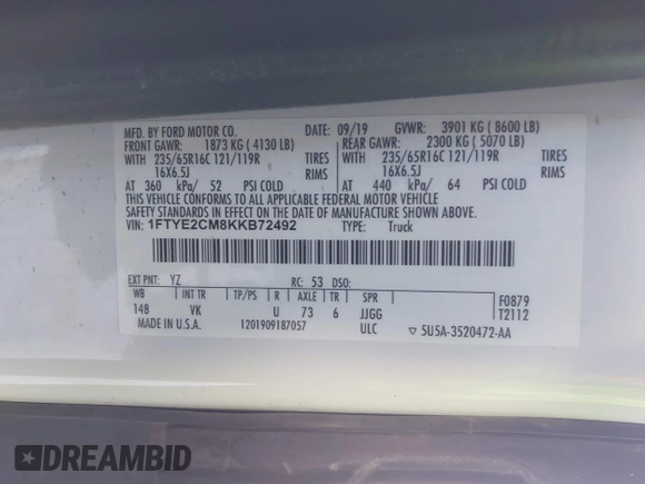 2019 Ford Transit with VIN 1FTYE2CM8KKB72492, listed as a IAAI auction lot 41371136 with 111,915 mi miles and . Bid and sale history available at DreamBid. Image 9.
