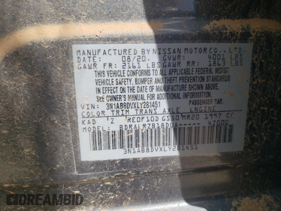2020 Nissan Sentra SR with VIN 3N1AB8DVXLY281451, listed as a Copart auction lot 54754345 with 58,025 mi miles and Clean Title. Bid and sale history available at DreamBid. Image 13.
