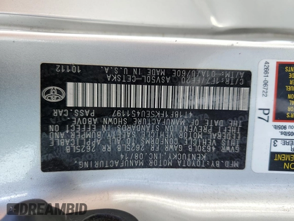 2014 Toyota Camry L with VIN 4T1BF1FK5EU451197, listed as a Copart auction lot 50541835 with 134,529 mi miles and Salvage Title. Bid and sale history available at carsss.com. Image 13.