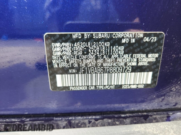2023 Subaru WRX with VIN JF1VBAB67P8809729, listed as a Copart auction lot 61495305 with 13,023 mi miles and Salvage title. Bid and sale history available at DreamBid. Image 12.