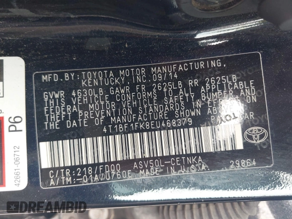 2014 Toyota Camry L with VIN 4T1BF1FK8EU468379, listed as a IAAI auction lot 42134387 with 101,603 mi miles and . Bid and sale history available at DreamBid. Image 9.