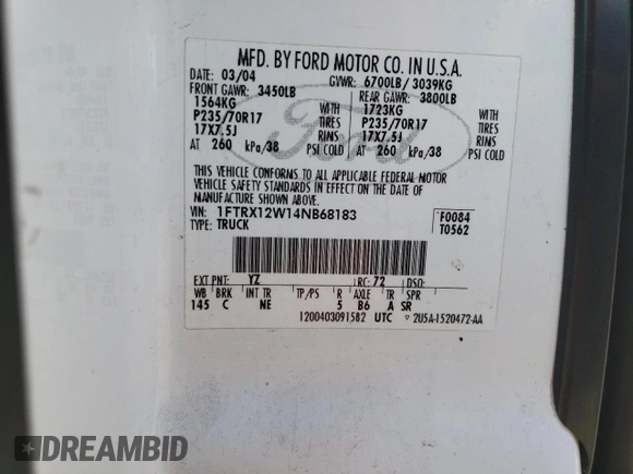2004 Ford F-150 STX with VIN 1FTRX12W14NB68183, listed as a Copart auction lot 63045215 with 278,369 mi miles and Salvage title. Bid and sale history available at DreamBid. Image 12.