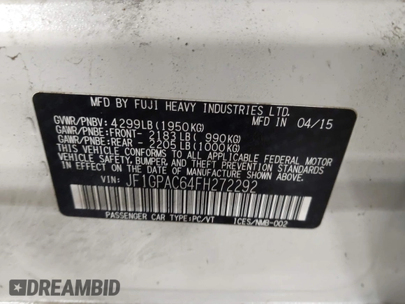 2015 Subaru Impreza Premium with VIN JF1GPAC64FH272292, listed as a IAAI auction lot 42189917 with 125,386 mi miles and . Bid and sale history available at DreamBid. Image 9.
