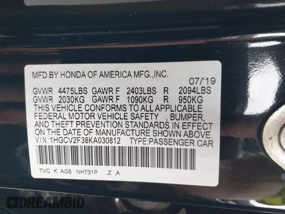 2019 Honda Accord Sport with VIN 1HGCV2F38KA030812, listed as a IAAI auction lot 42429667 with 98,648 mi miles and . Bid and sale history available at DreamBid. Image 9.