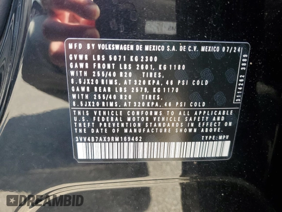 2024 Volkswagen Tiguan SEL R-Line с VIN 3VV4B7AX9RM169462, выставлен на аукционе Copart как лот 59435985 с пробегом 11 321 миль миль и Списание • Salvage title. История ставок и продаж доступна на DreamBid. Изображение 14.