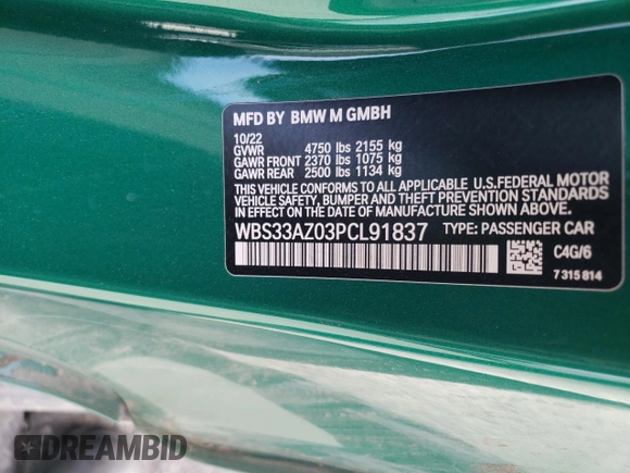 2023 BMW M4 Competition with VIN WBS33AZ03PCL91837, listed as a Copart auction lot 78553184 with 19,865 mi miles and Salvage Title. Bid and sale history available at carsss.com. Image 12.