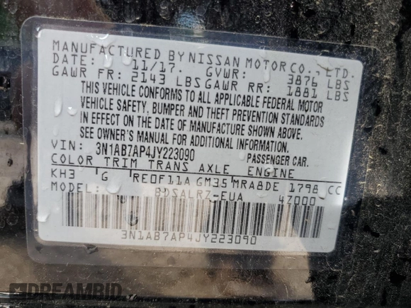 2018 Nissan Sentra S z VIN 3N1AB7AP4JY223090, wystawiony jako Copart lot #56466275 z przebiegiem 91 414 mil mil oraz Szkoda całkowita • Salvage title. Historia ofert i sprzedaży dostępna na DreamBid. Obrazek 12.