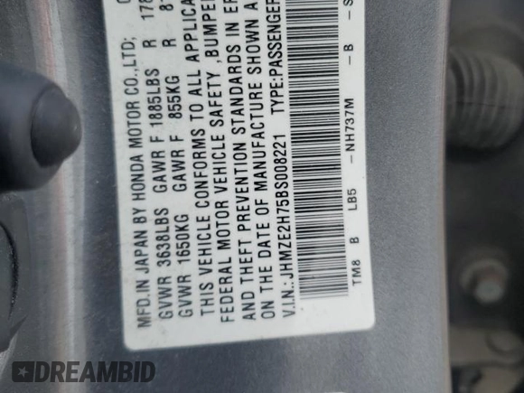 2011 Honda Insight EX with VIN JHMZE2H75BS008221, listed as a Copart auction lot 51910115 with 82,670 mi miles and Salvage Title. Bid and sale history available at DreamBid. Image 14.