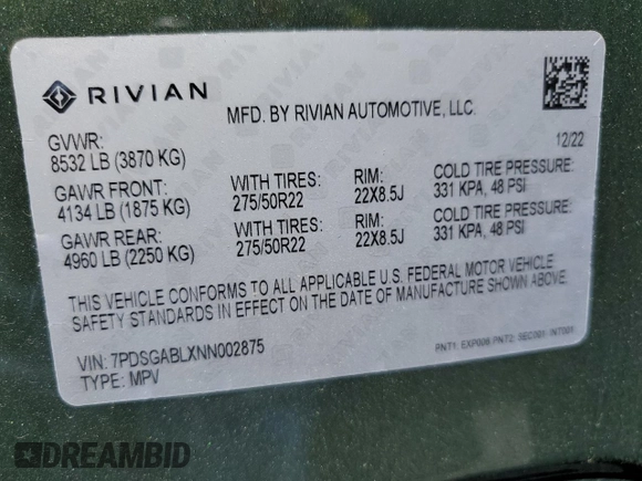 2022 Rivian R1S Launch Edition z VIN 7PDSGABLXNN002875, wystawiony jako Copart lot #55218465 z przebiegiem 25 988 mil mil oraz Szkoda całkowita • Salvage title. Historia ofert i sprzedaży dostępna na DreamBid. Obrazek 13.