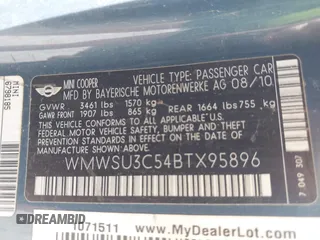 2011 MINI Hardtop with VIN WMWSU3C54BTX95896, listed as a IAAI auction lot 42467612 with 106,202 mi miles and . Bid and sale history available at DreamBid. Image 9.