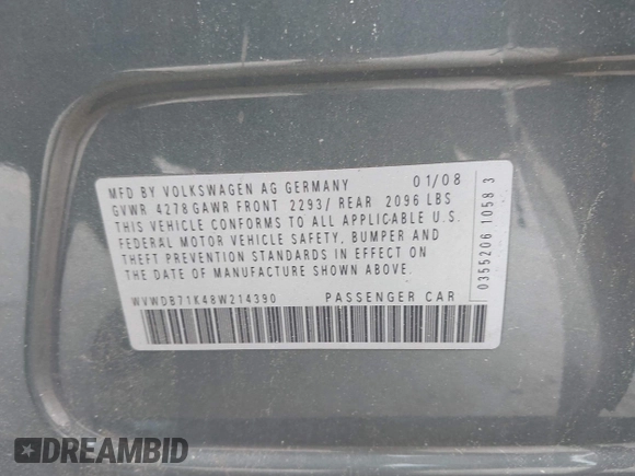 2008 Volkswagen Rabbit S z VIN WVWDB71K48W214390, wystawiony jako IAAI lot #42463355 z przebiegiem 143 904 mil mil oraz . Historia ofert i sprzedaży dostępna na DreamBid. Obrazek 9.