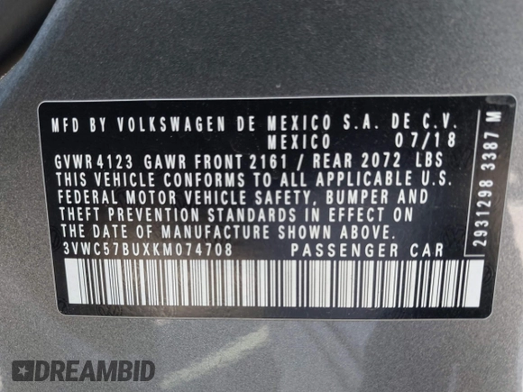 2019 Volkswagen Jetta S z VIN 3VWC57BUXKM074708, wystawiony jako IAAI lot #42151448 z przebiegiem 189 430 mil mil oraz . Historia ofert i sprzedaży dostępna na DreamBid. Obrazek 9.