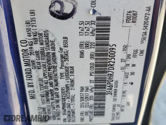 2013 Ford Fusion SE with VIN 3FA6P0HR7DR250095, listed as a Copart auction lot 52756775 with 231,718 mi miles and Salvage Title. Bid and sale history available at carsss.com. Image 13.