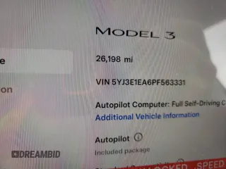 2023 Tesla Model 3 with VIN 5YJ3E1EA6PF563331, listed as a Copart auction lot 61124715 with 26,198 mi miles and Salvage title. Bid and sale history available at DreamBid. Image 9.