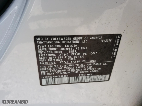 2019 Volkswagen Atlas 3.6L V6 SE w/Technology R-Line with VIN 1V2XR2CA0KC502656, listed as a Copart auction lot 50589045 with 131,954 mi miles and Salvage Title. Bid and sale history available at carsss.com. Image 15.