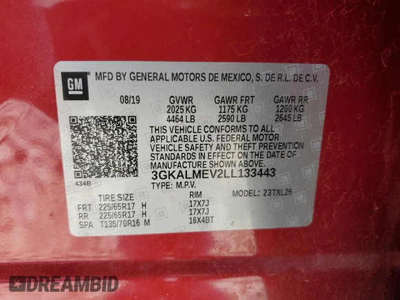 2020 GMC Terrain SLE with VIN 3GKALMEV2LL133443, listed as a Copart auction lot 62584195 with 75,823 mi miles and Salvage title. Bid and sale history available at DreamBid. Image 13.