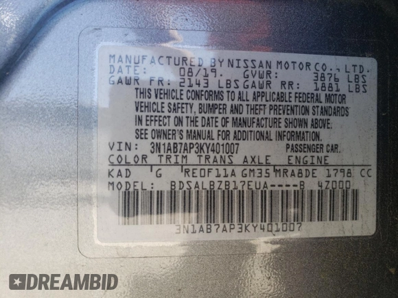 2019 Nissan Sentra SV with VIN 3N1AB7AP3KY401007, listed as a Copart auction lot 49875915 with 79,960 mi miles and Salvage Title. Bid and sale history available at DreamBid. Image 14.