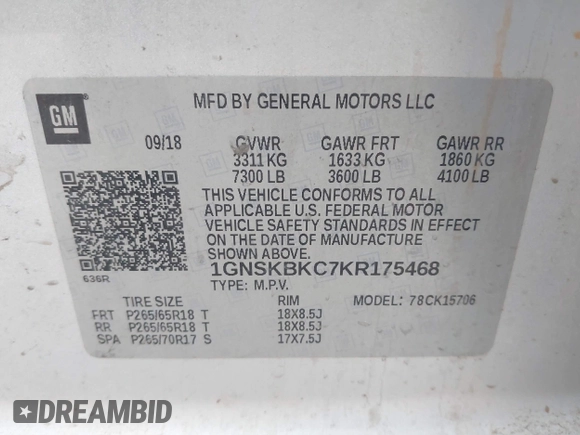 2019 Chevrolet Tahoe LT with VIN 1GNSKBKC7KR175468, listed as a IAAI auction lot 41680274 with 159,155 mi miles and . Bid and sale history available at DreamBid. Image 9.