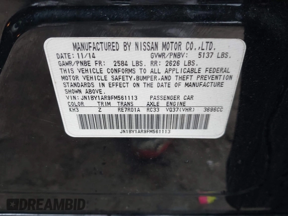 2015 Infiniti Q70 with VIN JN1BY1AR9FM561113, listed as a IAAI auction lot 41541936 with 266,227 mi miles and . Bid and sale history available at DreamBid. Image 9.