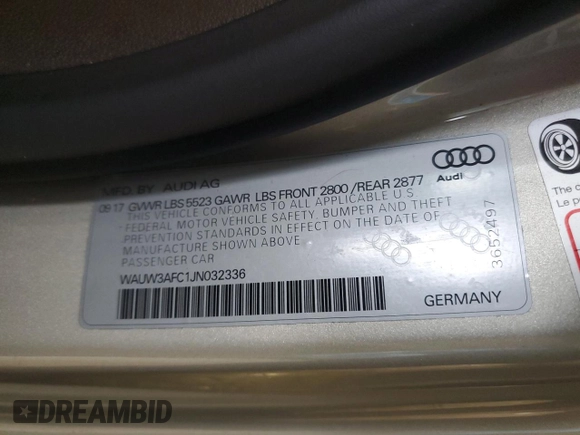 2018 Audi A7 Premium Plus with VIN WAUW3AFC1JN032336, listed as a Copart auction lot 58100635 with 36,976 mi miles and Salvage title. Bid and sale history available at DreamBid. Image 12.
