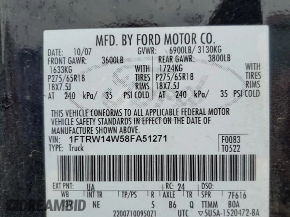 2008 Ford F-150 XL with VIN 1FTRW14W58FA51271, listed as a Copart auction lot 50813415 with 190,108 mi miles and Clean title. Bid and sale history available at DreamBid. Image 12.