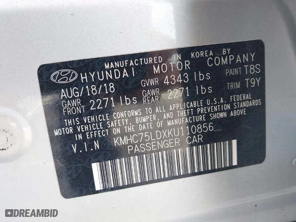 2019 Hyundai Ioniq Plug-In Hybrid Limited with VIN KMHC75LDXKU110856, listed as a IAAI auction lot 41820385 with NaN miles. Bid and sale history available at carsss.com. Image 9.